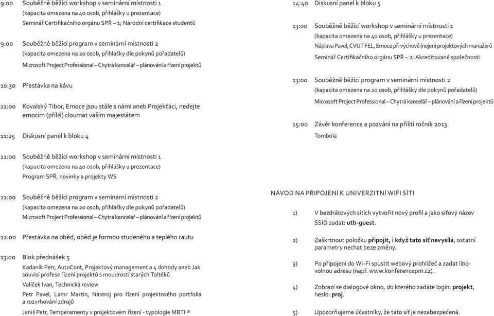 Kovalský Tibor, Emoce jsou stále s námi aneb Projekťáci, nedejte emocím (příliš) cloumat vaším majestátem 11:25 Diskusní panel k bloku 4 14:40 Diskusní panel k bloku 5 13:00 Souběžně běžící workshop