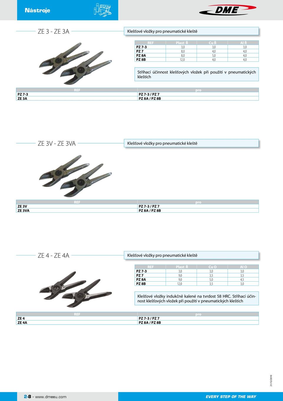 ZE 3VA PZ 8A / PZ 8B pro ZE 4 - ZE 4A Klešťové vložky pro pneumatické kleště Plast Ř Cu O Al O PZ 7-3 3,0 3,0 3,0 PZ 7 9,0 3,5 3,5 PZ 8A 9,0 5,0 4,5 PZ 8B 12,0 3,5 3,0