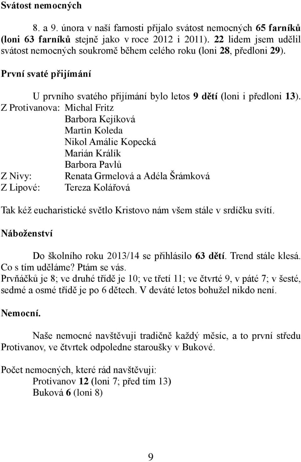 Z Protivanova: Michal Fritz Barbora Kejíková Martin Koleda Nikol Amálie Kopecká Marián Králík Barbora Pavlů Z Nivy: Renata Grmelová a Adéla Šrámková Z Lipové: Tereza Kolářová Tak kéž eucharistické