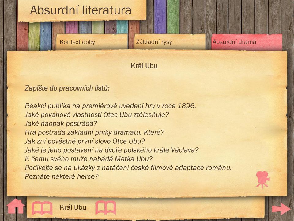 Hra postrádá základní prvky dramatu. Které? Jak zní pověstné první slovo Otce Ubu?