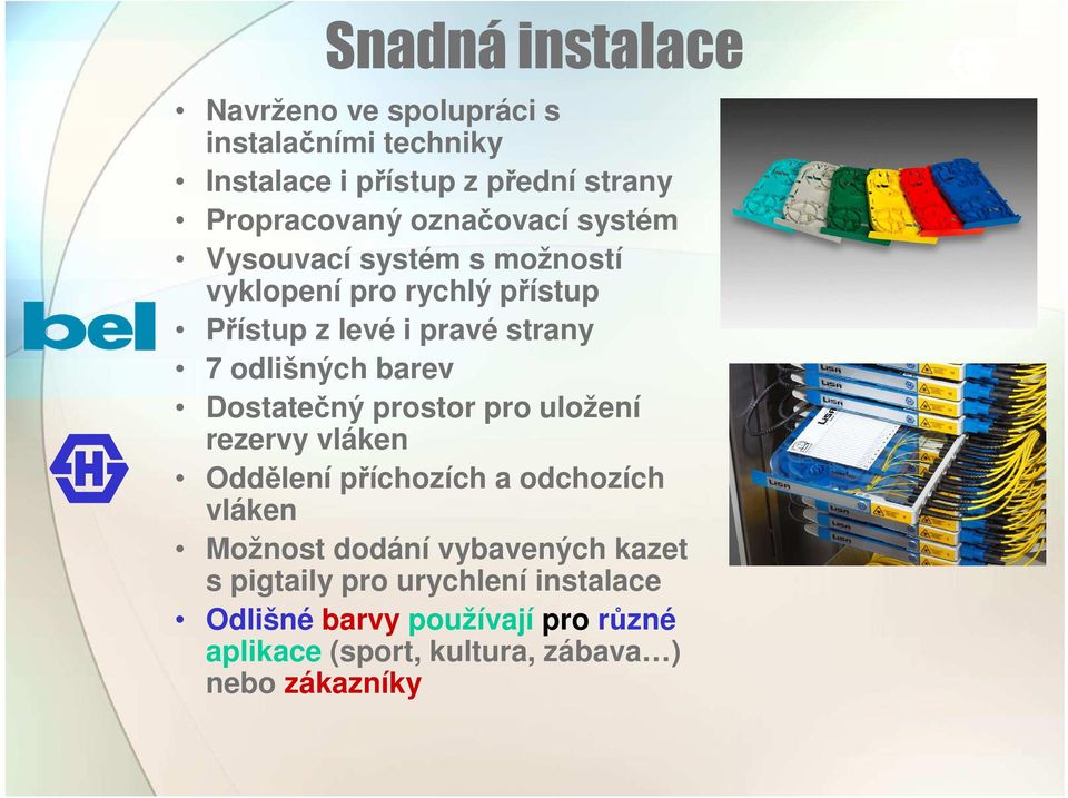 barev Dostatečný prostor pro uložení rezervy vláken Oddělení příchozích a odchozích vláken Možnost dodání vybavených