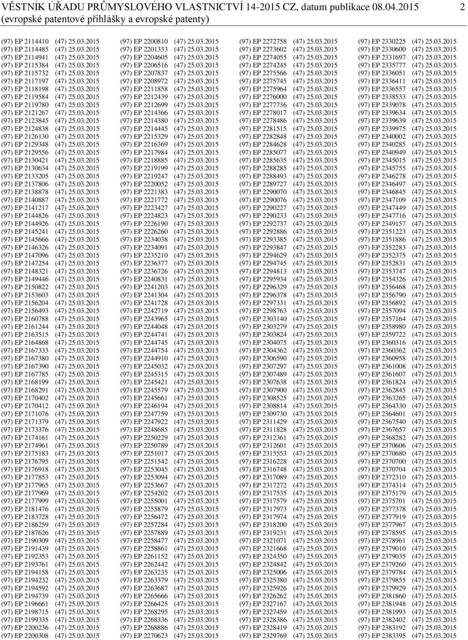 03.2015 (97) EP 2123845 (47) 25.03.2015 (97) EP 2124838 (47) 25.03.2015 (97) EP 2126130 (47) 25.03.2015 (97) EP 2129348 (47) 25.03.2015 (97) EP 2129556 (47) 25.03.2015 (97) EP 2130421 (47) 25.03.2015 (97) EP 2130634 (47) 25.
