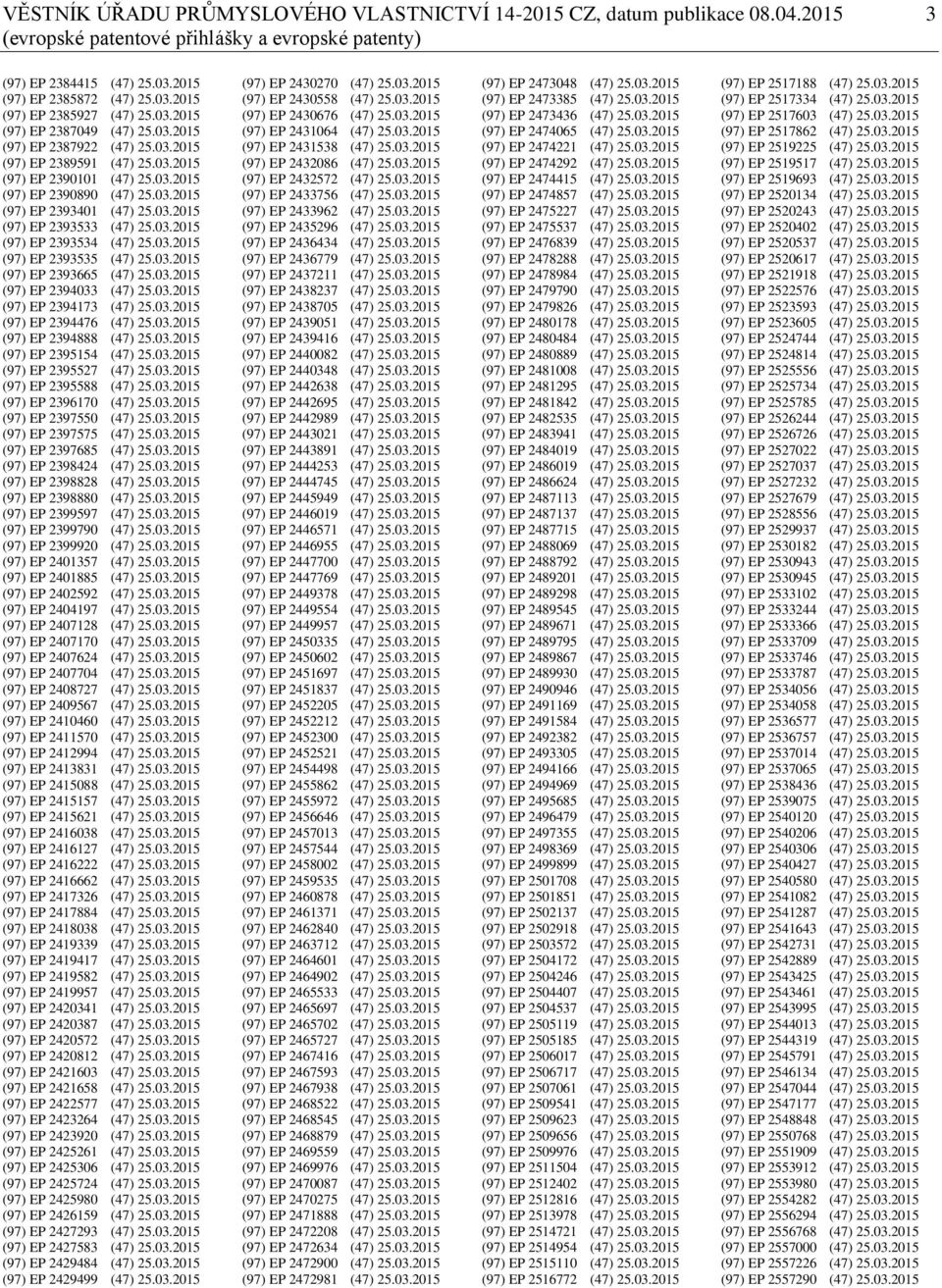 03.2015 (97) EP 2393534 (47) 25.03.2015 (97) EP 2393535 (47) 25.03.2015 (97) EP 2393665 (47) 25.03.2015 (97) EP 2394033 (47) 25.03.2015 (97) EP 2394173 (47) 25.03.2015 (97) EP 2394476 (47) 25.03.2015 (97) EP 2394888 (47) 25.