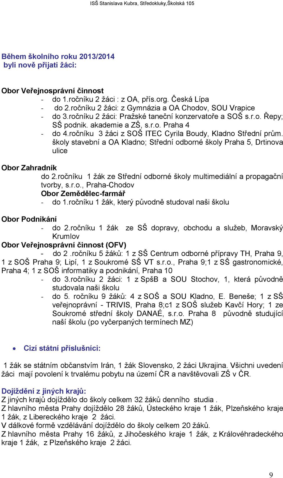 ročníku 3 žáci z SOŠ ITEC Cyrila Boudy, Kladno Střední prům. školy stavební a OA Kladno; Střední odborné školy Praha 5, Drtinova ulice Obor Zahradník do 2.