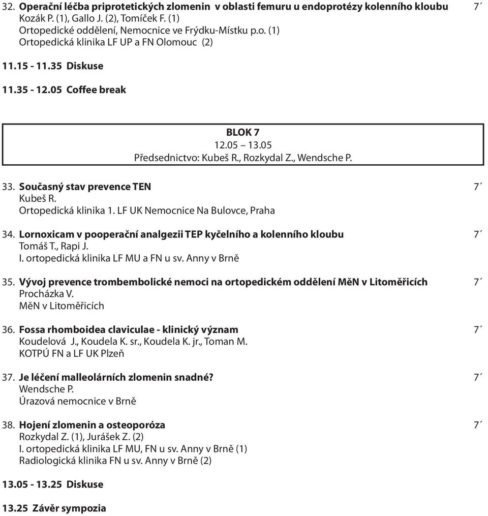 LF UK Nemocnice Na Bulovce, Praha 34. Lornoxicam v pooperační analgezii TEP kyčelního a kolenního kloubu 7 Tomáš T., Rapi J. I. ortopedická klinika LF MU a FN u sv. Anny v Brně 35.