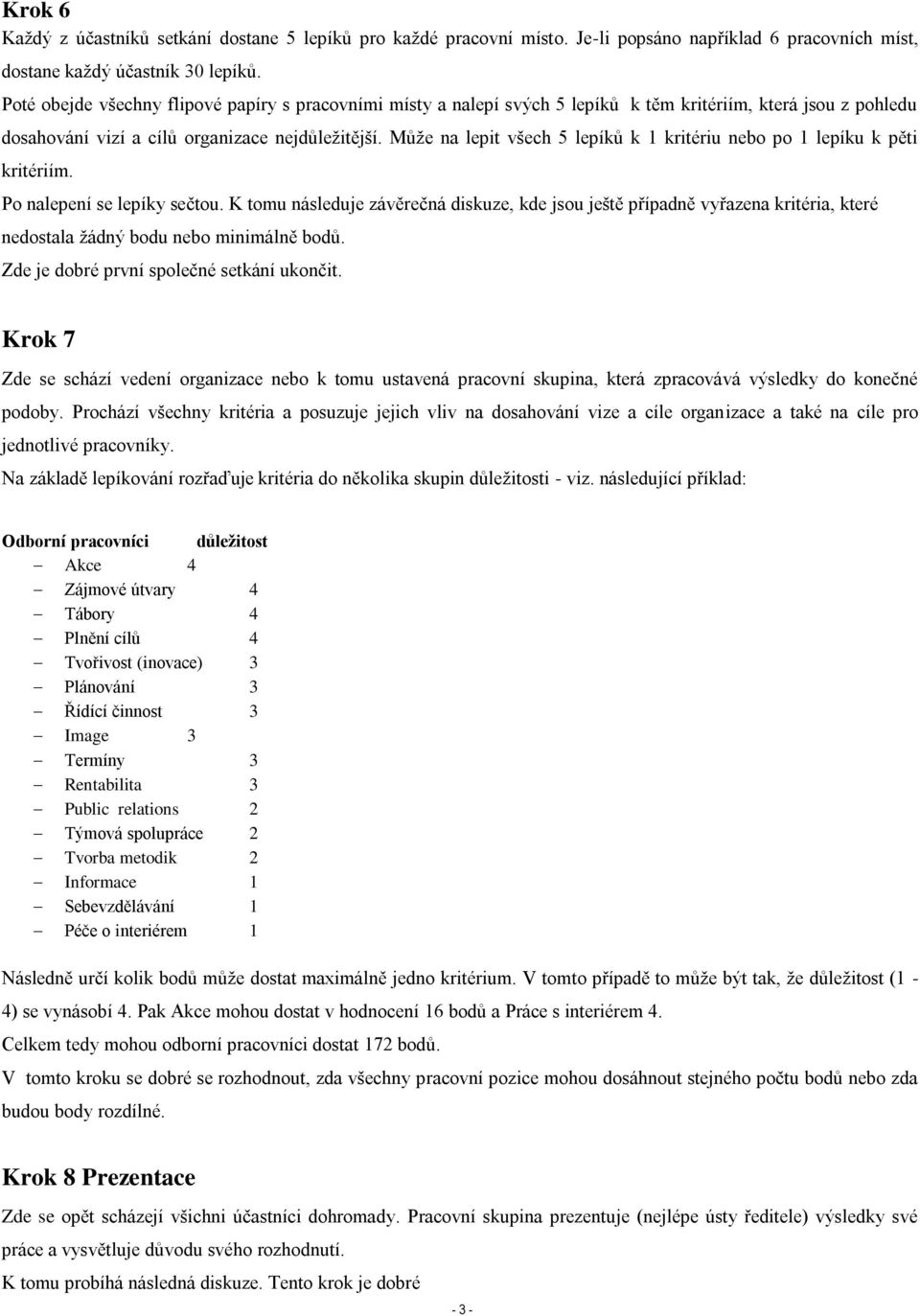 Může na lepit všech 5 lepíků k 1 kritériu nebo po 1 lepíku k pěti kritériím. Po nalepení se lepíky sečtou.