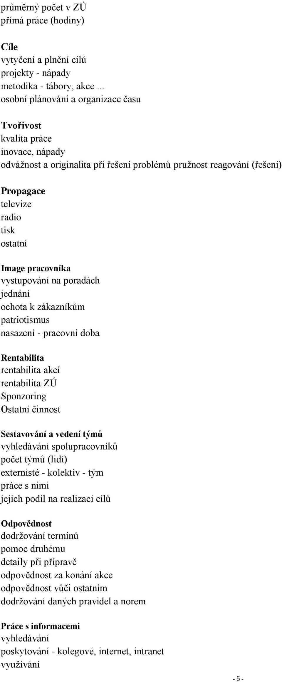 pracovníka vystupování na poradách jednání ochota k zákazníkům patriotismus nasazení - pracovní doba Rentabilita rentabilita akcí rentabilita ZÚ Sponzoring Ostatní činnost Sestavování a vedení týmů