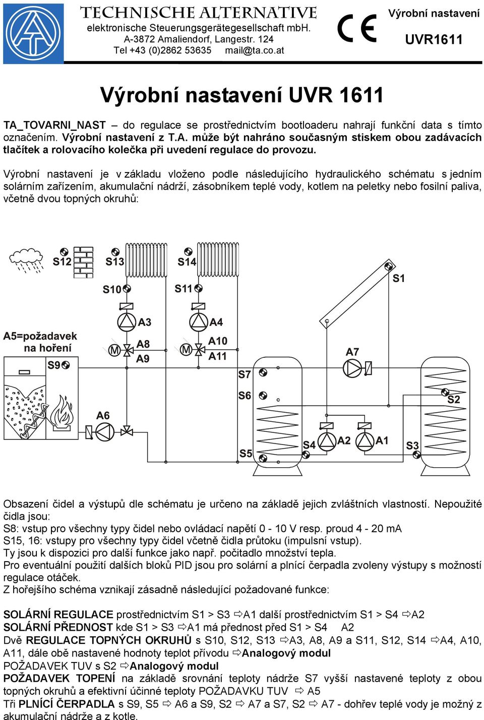 Výrobní nastavení je v základu vloženo podle následujícího hydraulického schématu s jedním solárním zařízením, akumulační nádrží, zásobníkem teplé vody, kotlem na peletky nebo fosilní paliva, včetně