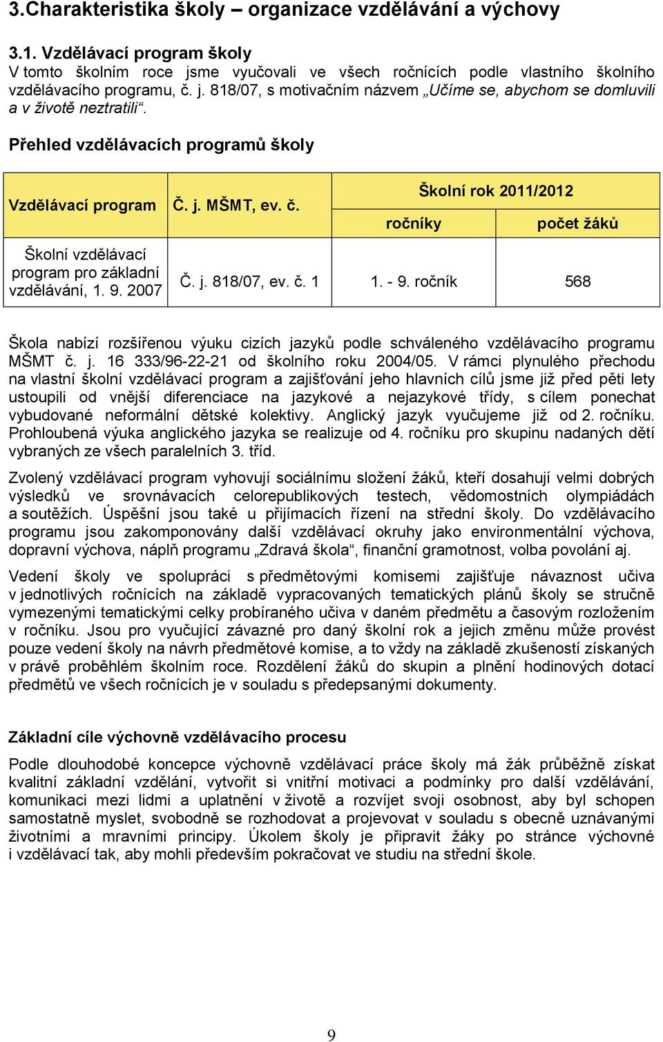 - 9. ročník 568 Škola nabízí rozšířenou výuku cizích jazyků podle schváleného vzdělávacího programu MŠMT č. j. 16 333/96-22-21 od školního roku 2004/05.