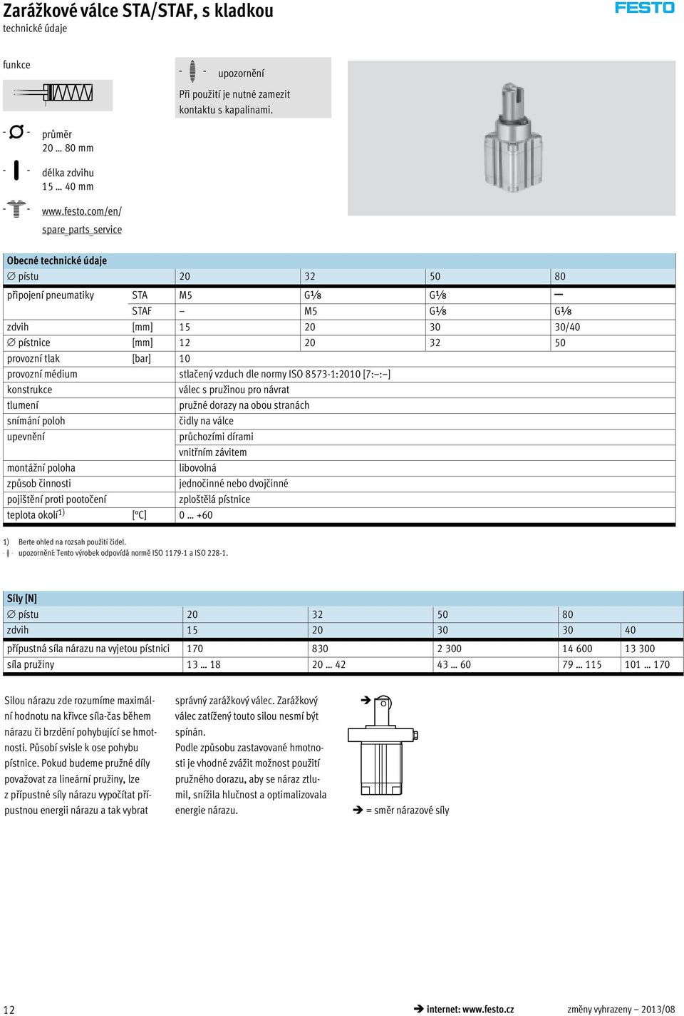 vzduch dle normy ISO 8573-1:2010 [7: : ] konstrukce válec s pružinou pro návrat tlumení pružné dorazy na obou stranách snímání poloh čidly na válce upevnění průchozími dírami vnitřním závitem