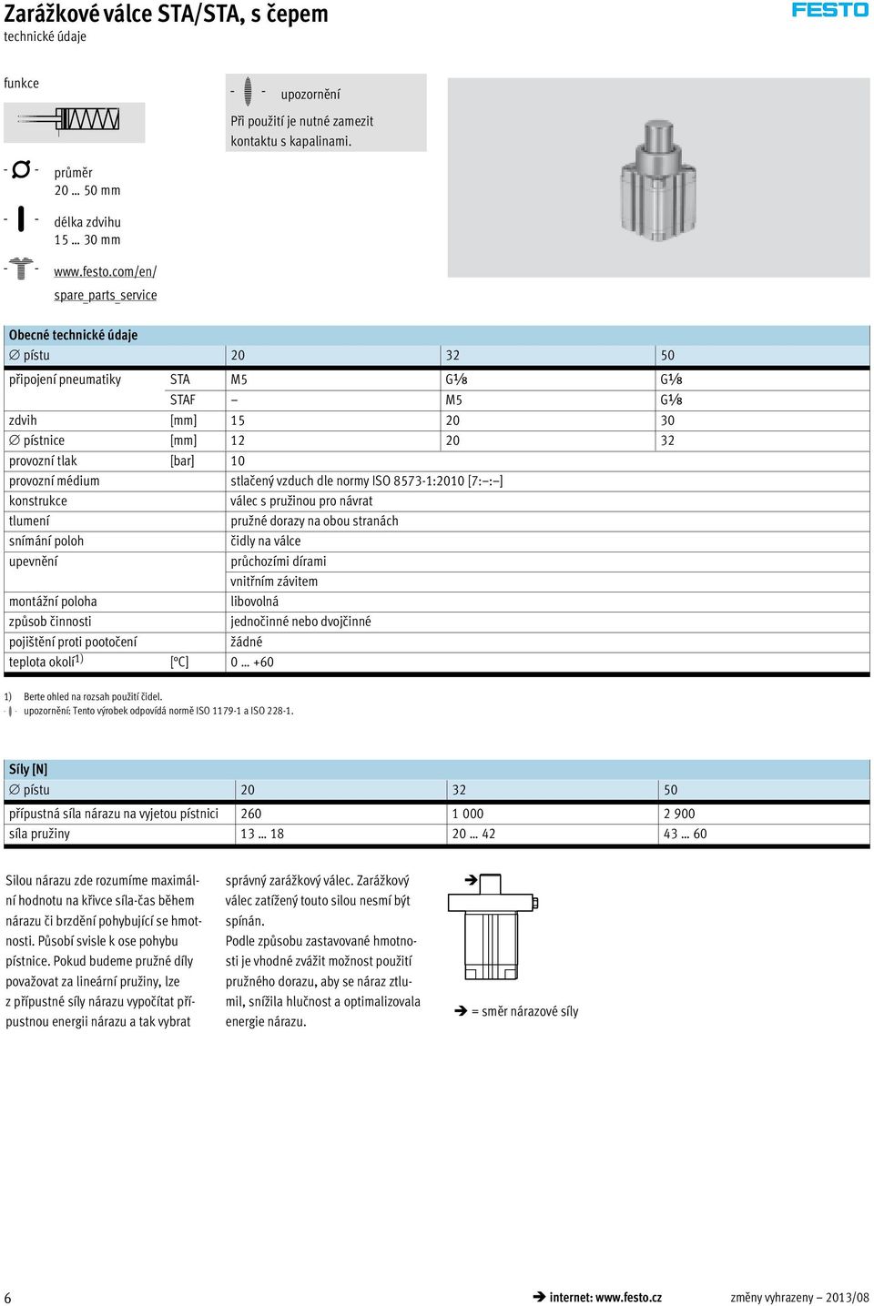 ISO 8573-1:2010 [7: : ] konstrukce válec s pružinou pro návrat tlumení pružné dorazy na obou stranách snímání poloh čidly na válce upevnění průchozími dírami vnitřním závitem montážní poloha