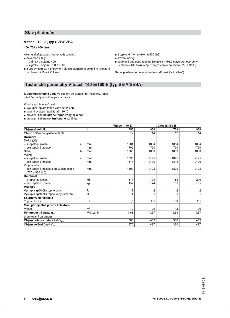 nožky odděleně zaalená tepelná izolace z měkké polyuretanové pěny (u ojemu 400 litrů), resp. z polyesterového rouna (750 a 950 l) Barva plastového povrchu izolace: střírná ("vitosiler").