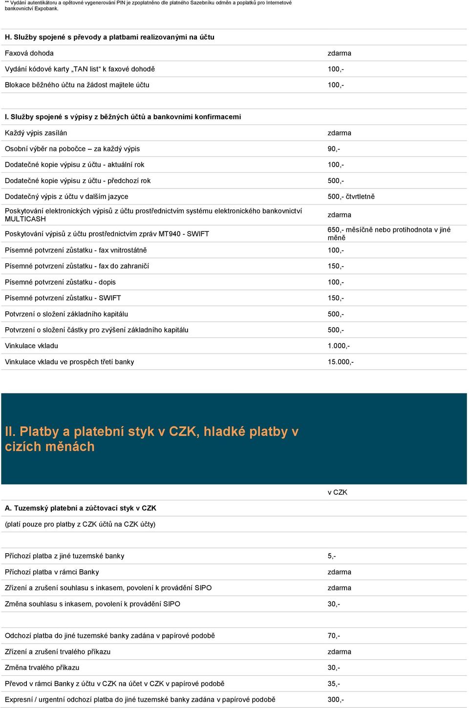 Služby spojené s výpisy z běžných účtů a bankovními konfirmacemi Každý výpis zasílán Osobní výběr na pobočce za každý výpis 90,- Dodatečné kopie výpisu z účtu - aktuální rok 100,- Dodatečné kopie