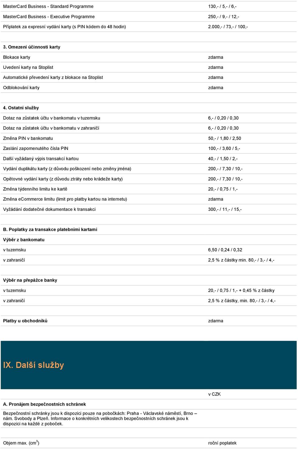 Ostatní služby Dotaz na zůstatek účtu v bankomatu v tuzemsku 6,- / 0,20 / 0,30 Dotaz na zůstatek účtu v bankomatu v zahraničí 6,- / 0,20 / 0,30 Změna PIN v bankomatu 50,- / 1,80 / 2,50 Zaslání