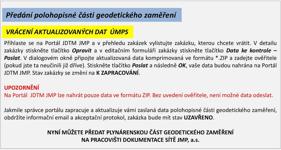 ZIP a zadejte ověřitele (pokud jste ta neučinili již dříve). Stiskněte tlačítko Poslat a následně OK, vaše data budou nahrána na Portál JDTM JMP. Stav zakázky se změní na K ZAPRACOVÁNÍ.