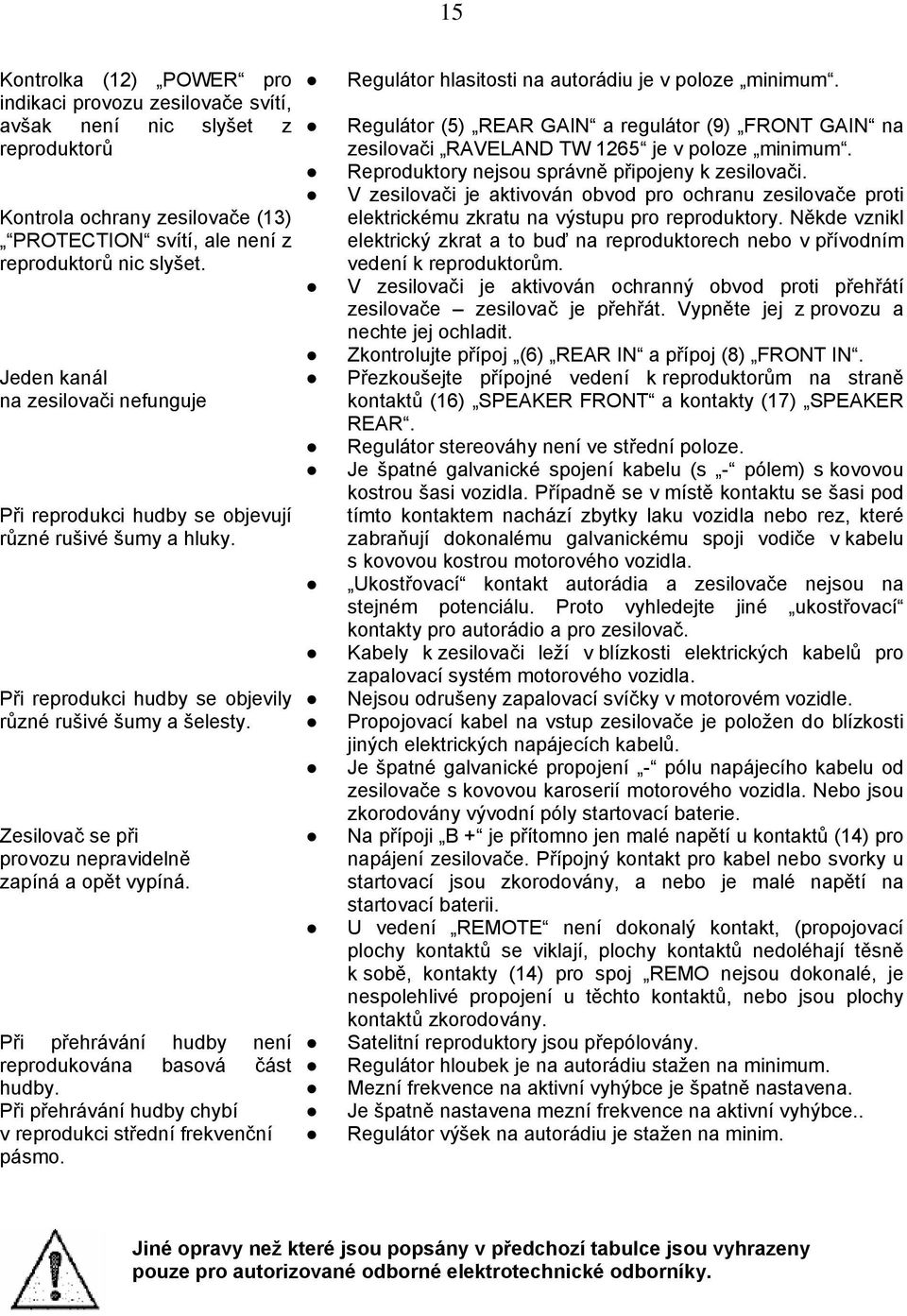 Reproduktory nejsou správně připojeny k zesilovači. V zesilovači je aktivován obvod pro ochranu zesilovače proti Kontrola ochrany zesilovače (13) PROTECTION svítí, ale není z reproduktorů nic slyšet.