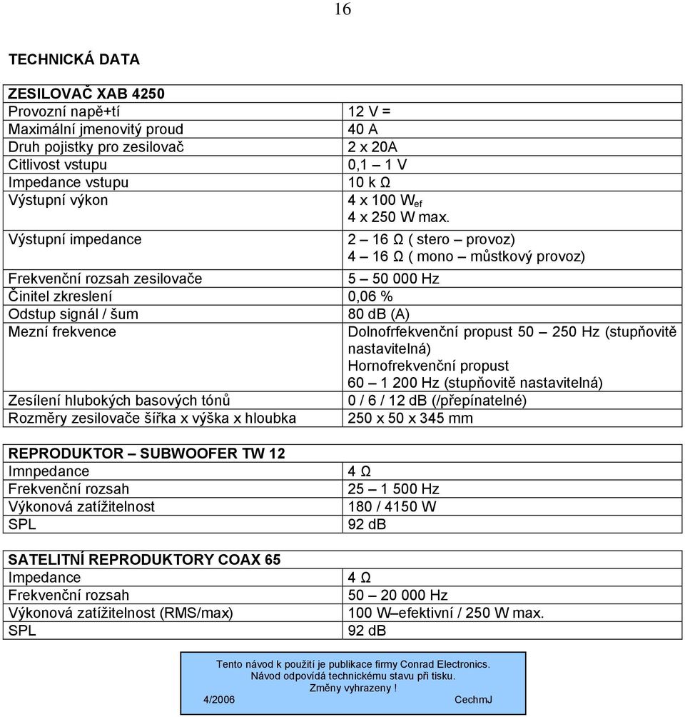 Výstupní impedance 2 16 Ω ( stero provoz) 4 16 Ω ( mono můstkový provoz) Frekvenční rozsah zesilovače 5 50 000 Hz Činitel zkreslení 0,06 % Odstup signál / šum 80 db (A) Mezní frekvence