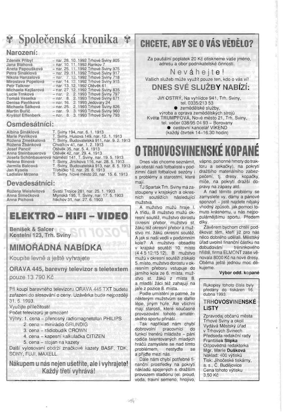 27. 12. 1992 Trhove Sviny 835 Lucie Tr'nkova - nar. 2. 2. 1993 Trhove Sviny 797 Tomas Veselka - nar. 8. 2. 1993 Trhove Sviny 671 Denlsa Paylikova - nar. 16. 2. 1993 Jedovary 24 Michaela Salkova - nar.