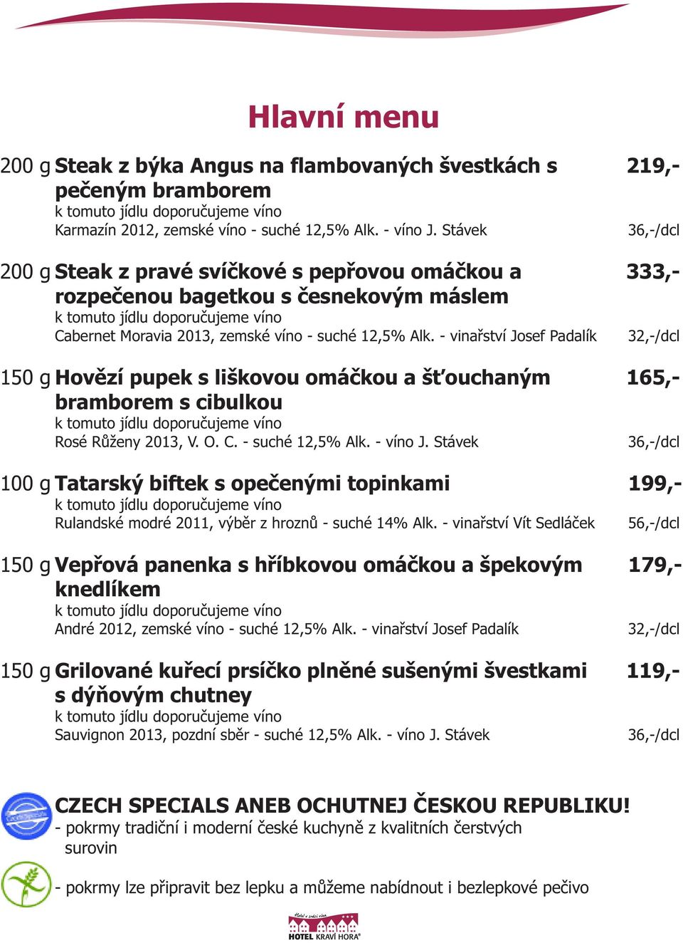 - vinařství Josef Padalík 150 g Hovězí pupek s liškovou omáčkou a šťouchaným 165,- bramborem s cibulkou 100 g Tatarský biftek s opečenými topinkami 199,- Rulandské modré 2011, výběr z hroznů - suché