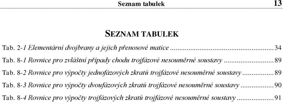 8- Rovnice pro výpočty jednofázových zkratů trojfázové nesouměrné soustavy. 89 Tab.