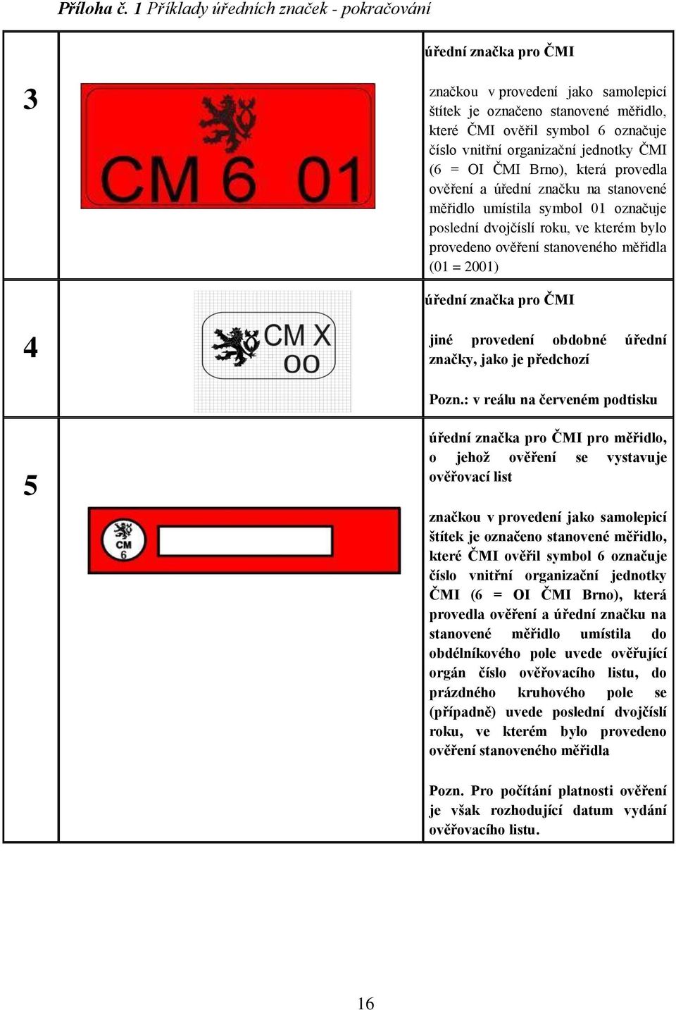 organizační jednotky ČMI (6 = OI ČMI Brno), která provedla ověření a úřední značku na stanovené měřidlo umístila symbol 01 označuje poslední dvojčíslí roku, ve kterém bylo provedeno ověření