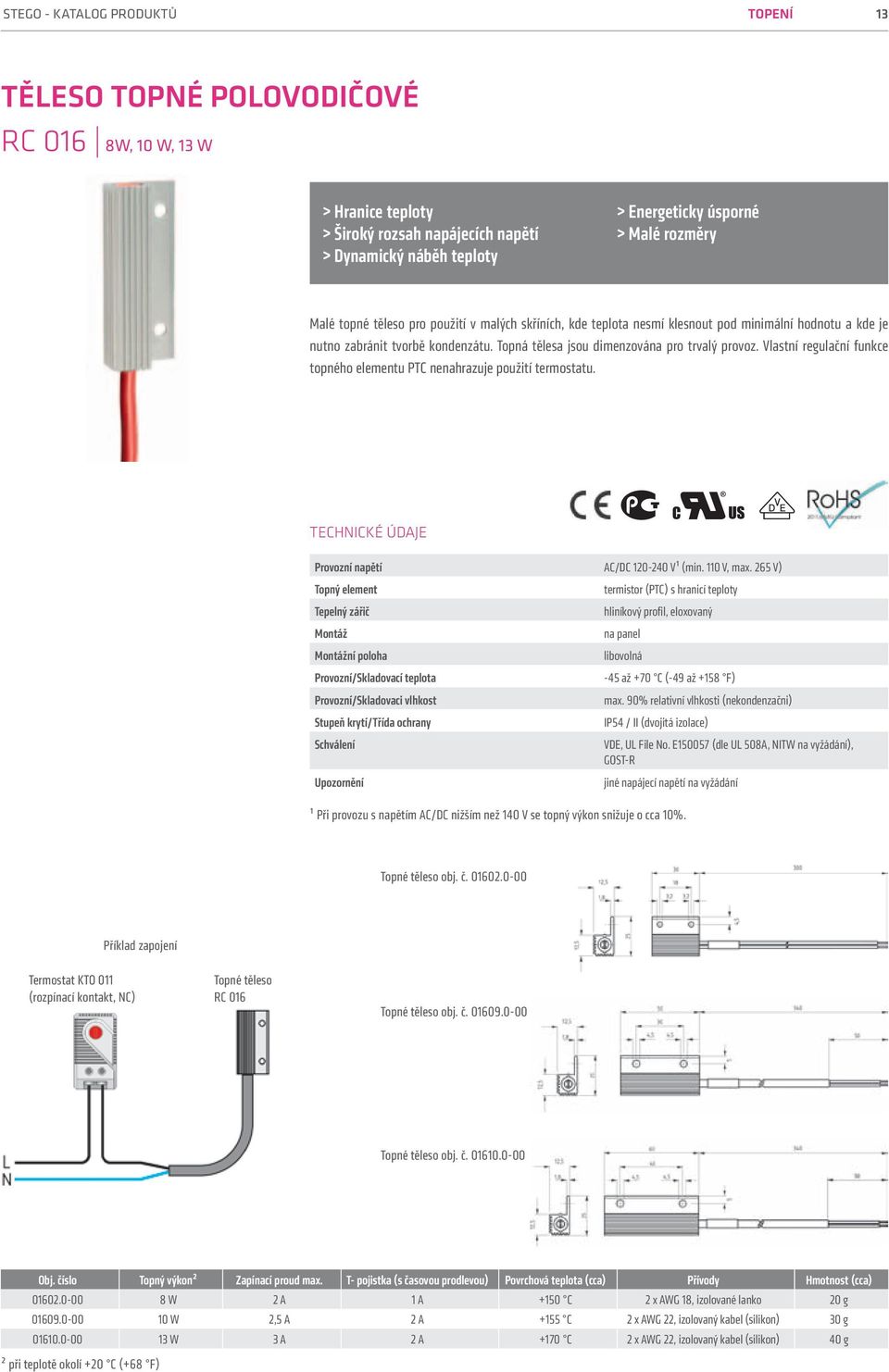 Vlastní regulační funkce topného elementu PTC nenahrazuje použití termostatu. Provozní napětí AC/DC 120-240 V¹ (min. 110 V, max.