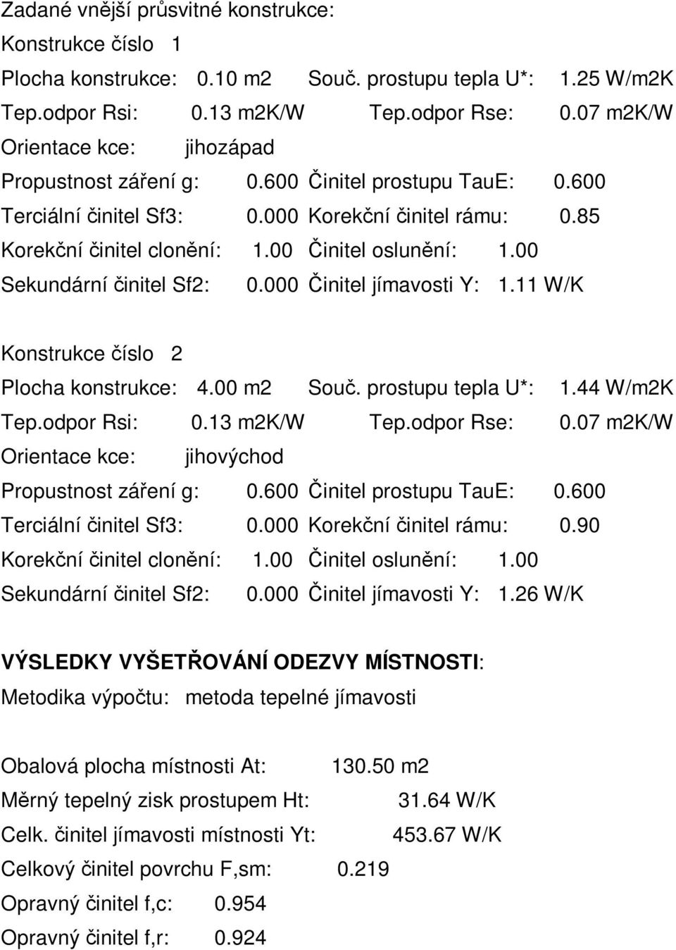 00 Sekundární činitel Sf2: 0.000 Činitel jímavosti Y: 1.11 W/K Konstrukce číslo 2 Plocha konstrukce: 4.00 m2 Souč. prostupu tepla U*: 1.44 W/m2K Tep.odpor Rsi: 0.13 m2k/w Tep.odpor Rse: 0.