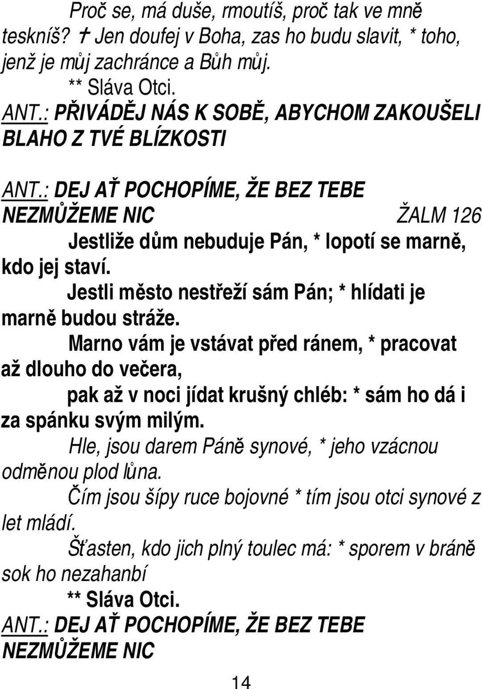 Jestli město nestřeží sám Pán; * hlídati je marně budou stráže. Marno vám je vstávat před ránem, * pracovat až dlouho do večera, pak až v noci jídat krušný chléb: * sám ho dá i za spánku svým milým.