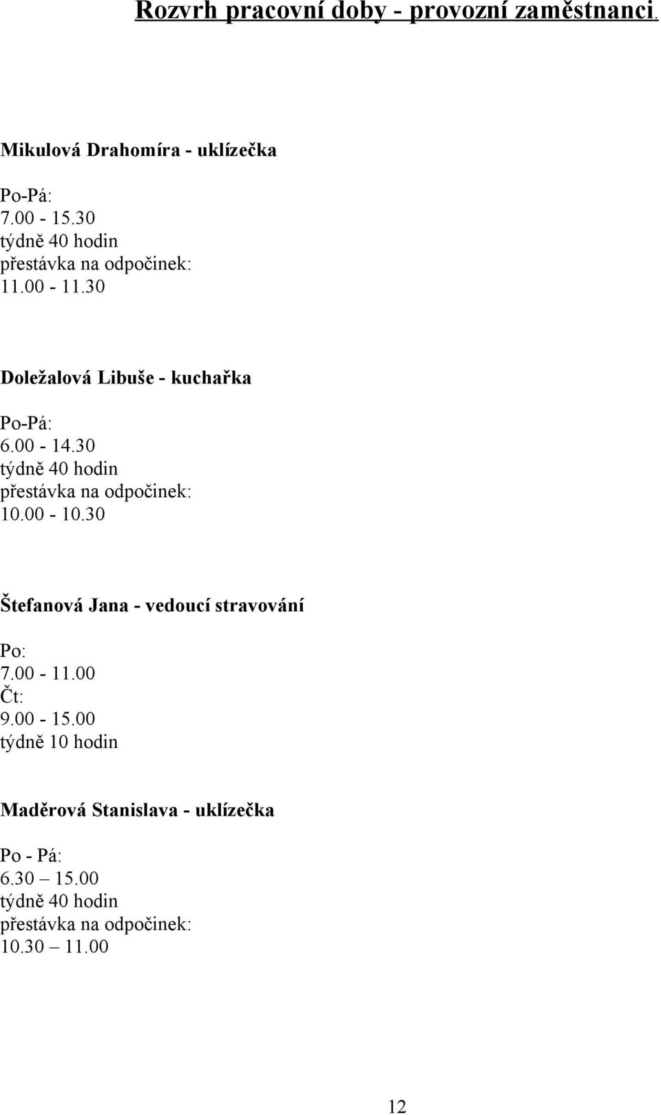 30 týdně 40 hodin přestávka na odpočinek: 10.00-10.30 Štefanová Jana - vedoucí stravování Po: 7.00-11.