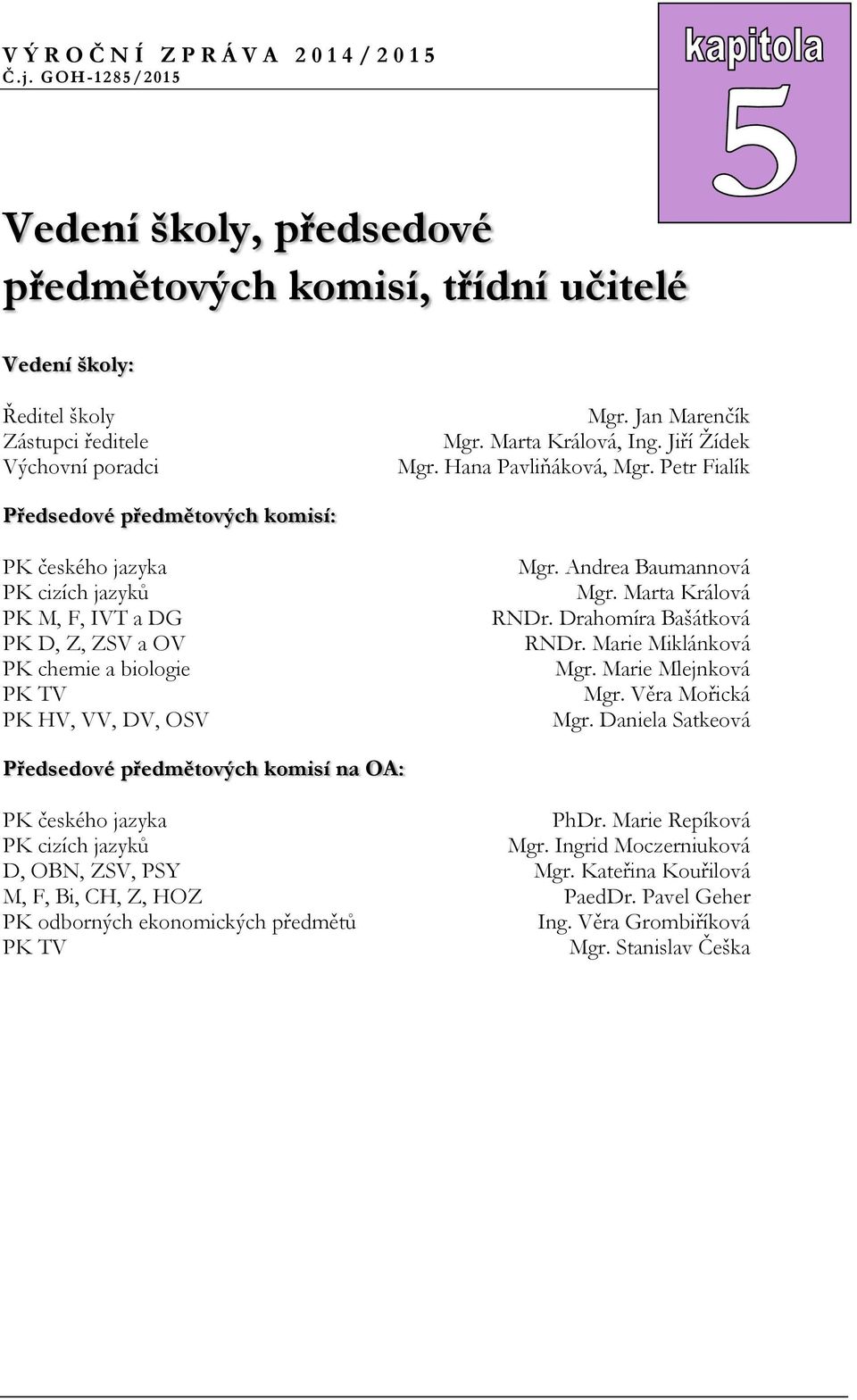 Andrea Baumannová Mgr. Marta Králová RNDr. Drahomíra Bašátková RNDr. Marie Miklánková Mgr. Marie Mlejnková Mgr. Věra Mořická Mgr.