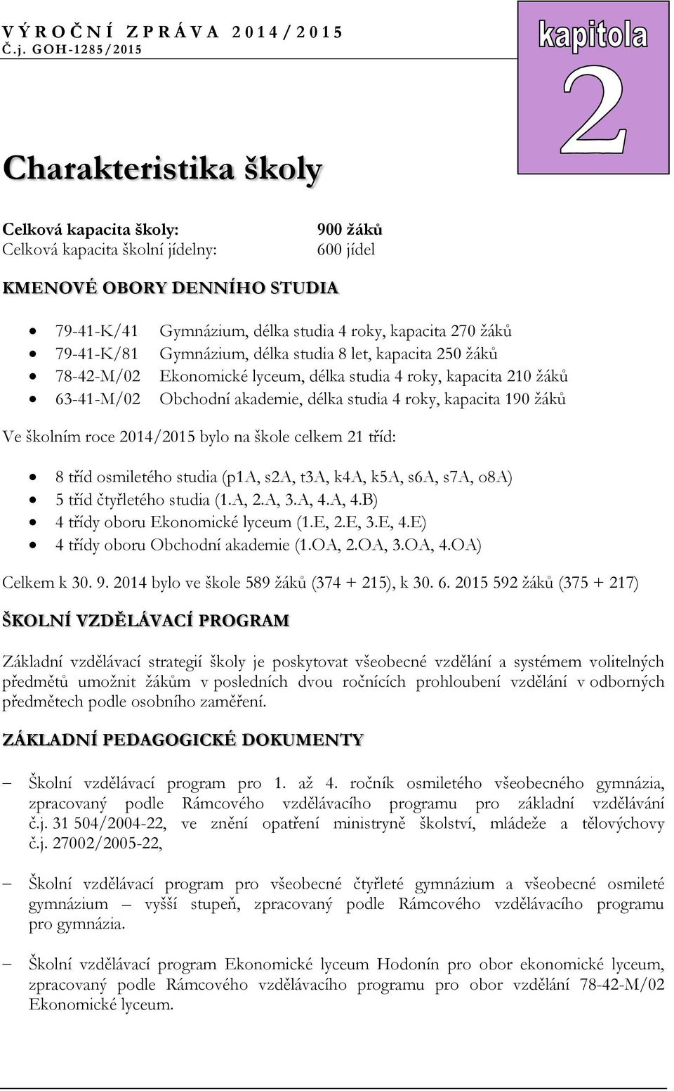 Ve školním roce 2014/2015 bylo na škole celkem 21 tříd: 8 tříd osmiletého studia (p1a, s2a, t3a, k4a, k5a, s6a, s7a, o8a) 5 tříd čtyřletého studia (1.A, 2.A, 3.A, 4.