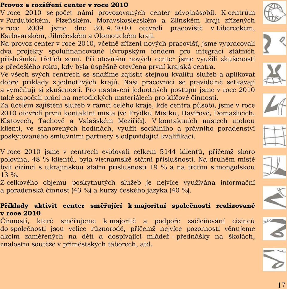 Na provoz center v roce 2010, včetně zřízení nových pracovišť, jsme vypracovali dva projekty spolufinancované Evropským fondem pro integraci státních příslušníků třetích zemí.