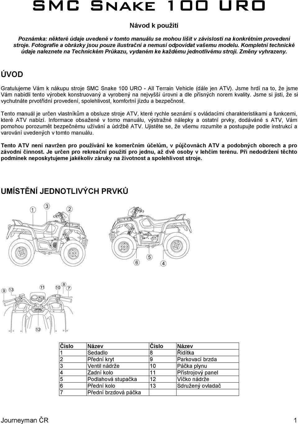 ÚVOD Gratulujeme Vám k nákupu stroje SMC Snake 100 URO - All Terrain Vehicle (dále jen ATV).