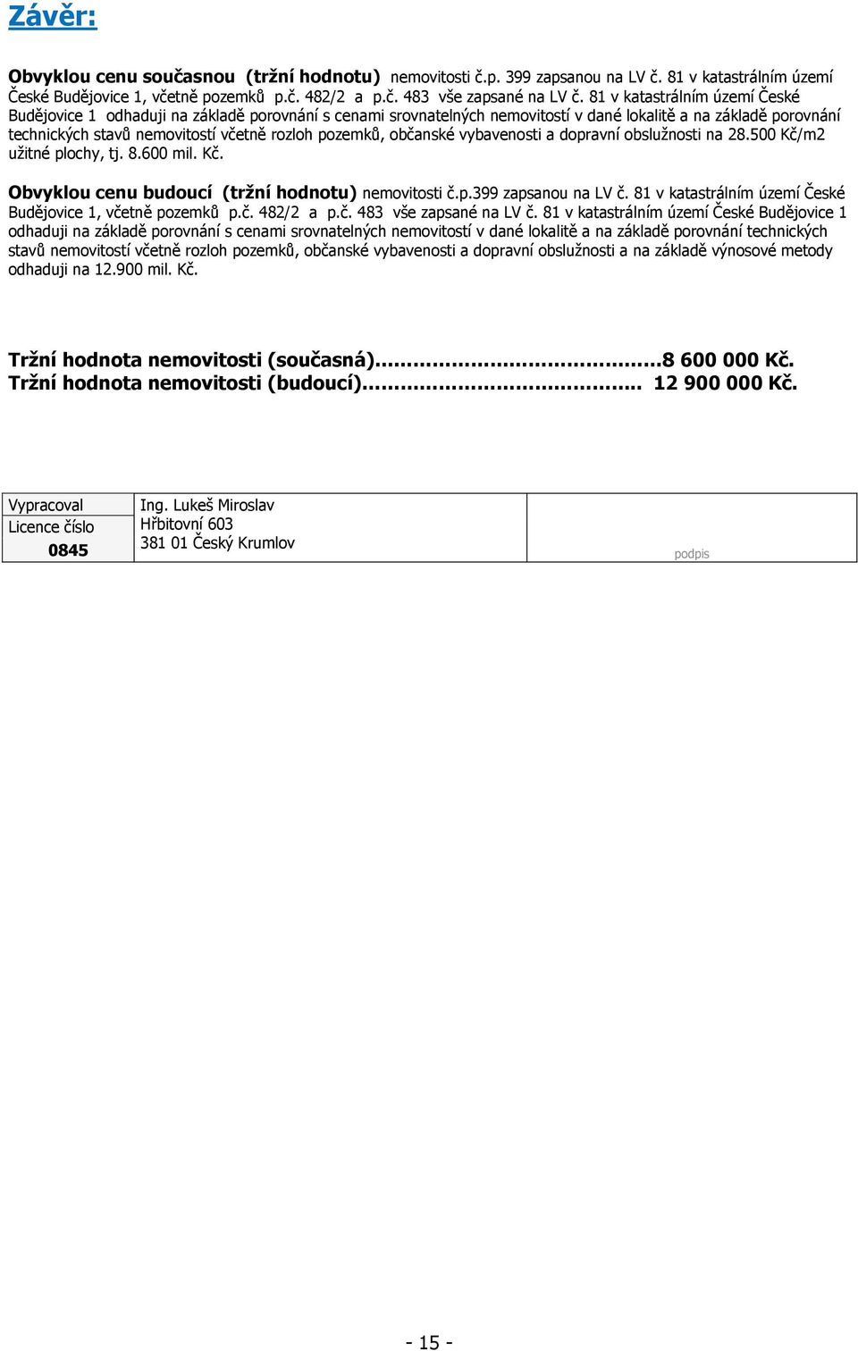 občanské vybavenosti a dopravní obslužnosti na 28.500 Kč/m2 užitné plochy, tj. 8.600 mil. Kč. Obvyklou cenu budoucí (tržní hodnotu) nemovitosti č.p.399 zapsanou na LV č.