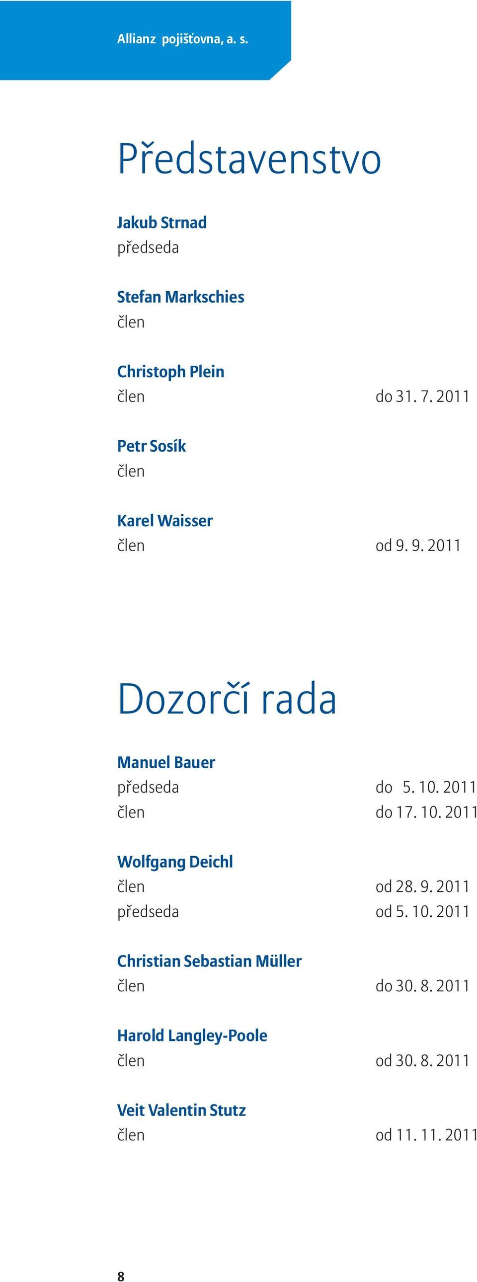 2011 Petr Sosík člen Karel Waisser člen od 9. 9. 2011 Dozorčí rada Manuel Bauer předseda do 5. 10.