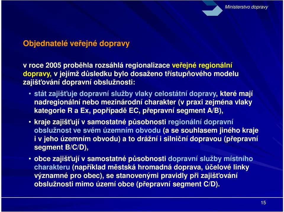 v samostatné působnosti regionální dopravní obslužnost ve svém územním obvodu (a se souhlasem jiného kraje i v jeho územním obvodu) a to drážní i silniční dopravou (přepravní segment B/C/D), obce