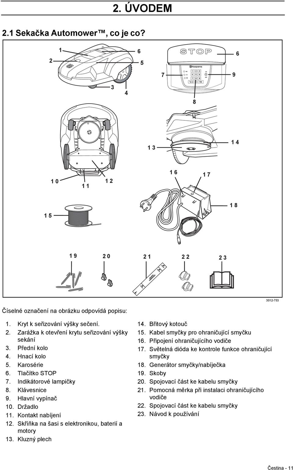 Skříňka na šasi s elektronikou, baterií a motory 13. Kluzný plech 14. Břitový kotouč 15. Kabel smyčky pro ohraničující smyčku 16. Připojení ohraničujícího vodiče 17.