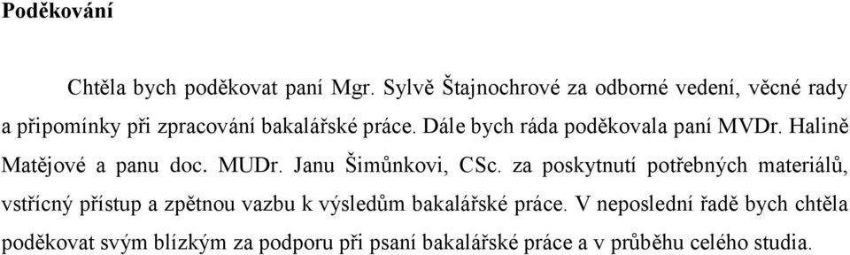 Dále bych ráda poděkovala paní MVDr. Halině Matějové a panu doc. MUDr. Janu Šimůnkovi, CSc.
