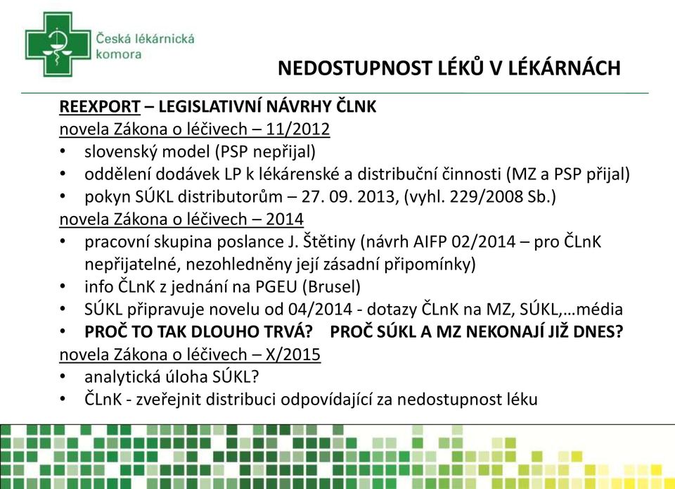 Štětiny (návrh AIFP 02/2014 pro ČLnK nepřijatelné, nezohledněny její zásadní připomínky) info ČLnK z jednání na PGEU (Brusel) SÚKL připravuje novelu od 04/2014 - dotazy