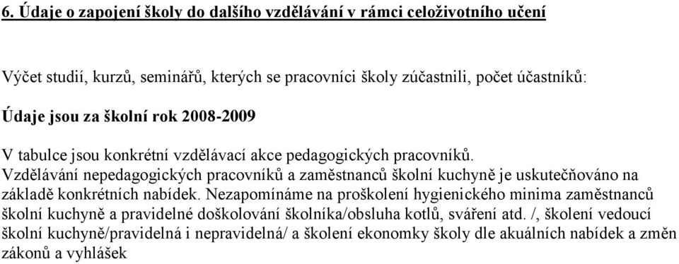 Vzdělávání nepedagogických pracovníků a zaměstnanců školní kuchyně je uskutečňováno na základě konkrétních nabídek.