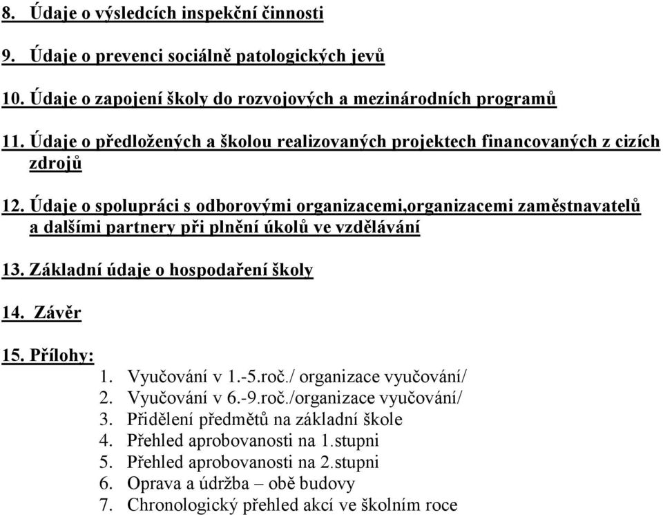 Údaje o spolupráci s odborovými organizacemi,organizacemi zaměstnavatelů a dalšími partnery při plnění úkolů ve vzdělávání 13. Základní údaje o hospodaření školy 14. Závěr 15.