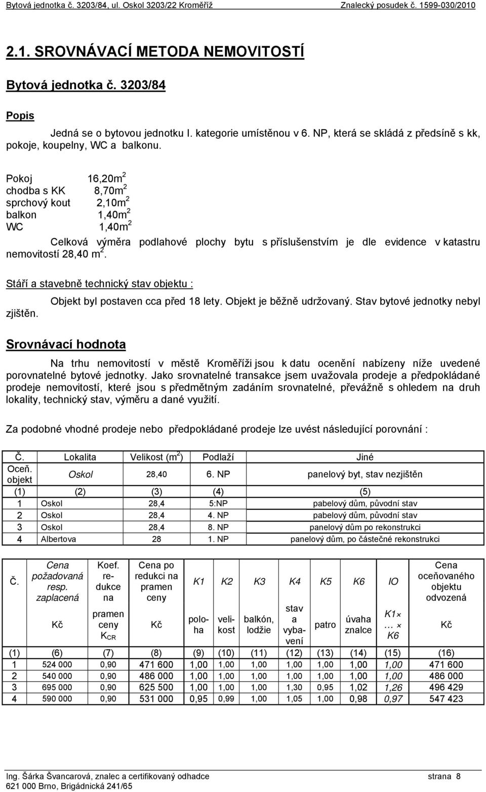 Pokoj 16,20m 2 chodba s KK 8,70m 2 sprchový kout 2,10m 2 balkon 1,40m 2 WC 1,40m 2 Celková výměra podlahové plochy bytu s příslušenstvím je dle evidence v katastru nemovitostí 28,40 m 2.