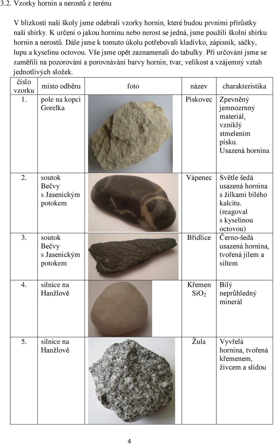 Vše jsme opět zaznamenali do tabulky. Při určování jsme se zaměřili na pozorování a porovnávání barvy hornin, tvar, velikost a vzájemný vztah jednotlivých složek.