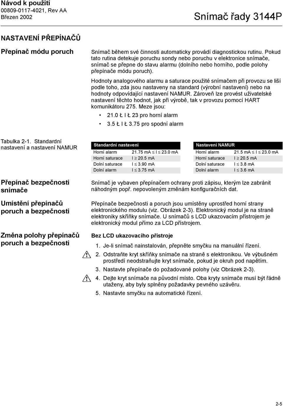 Hodnoty analogového alarmu a saturace použité snímačem při provozu se liší podle toho, zda jsou nastaveny na standard (výrobní nastavení) nebo na hodnoty odpovídající nastavení NAMUR.