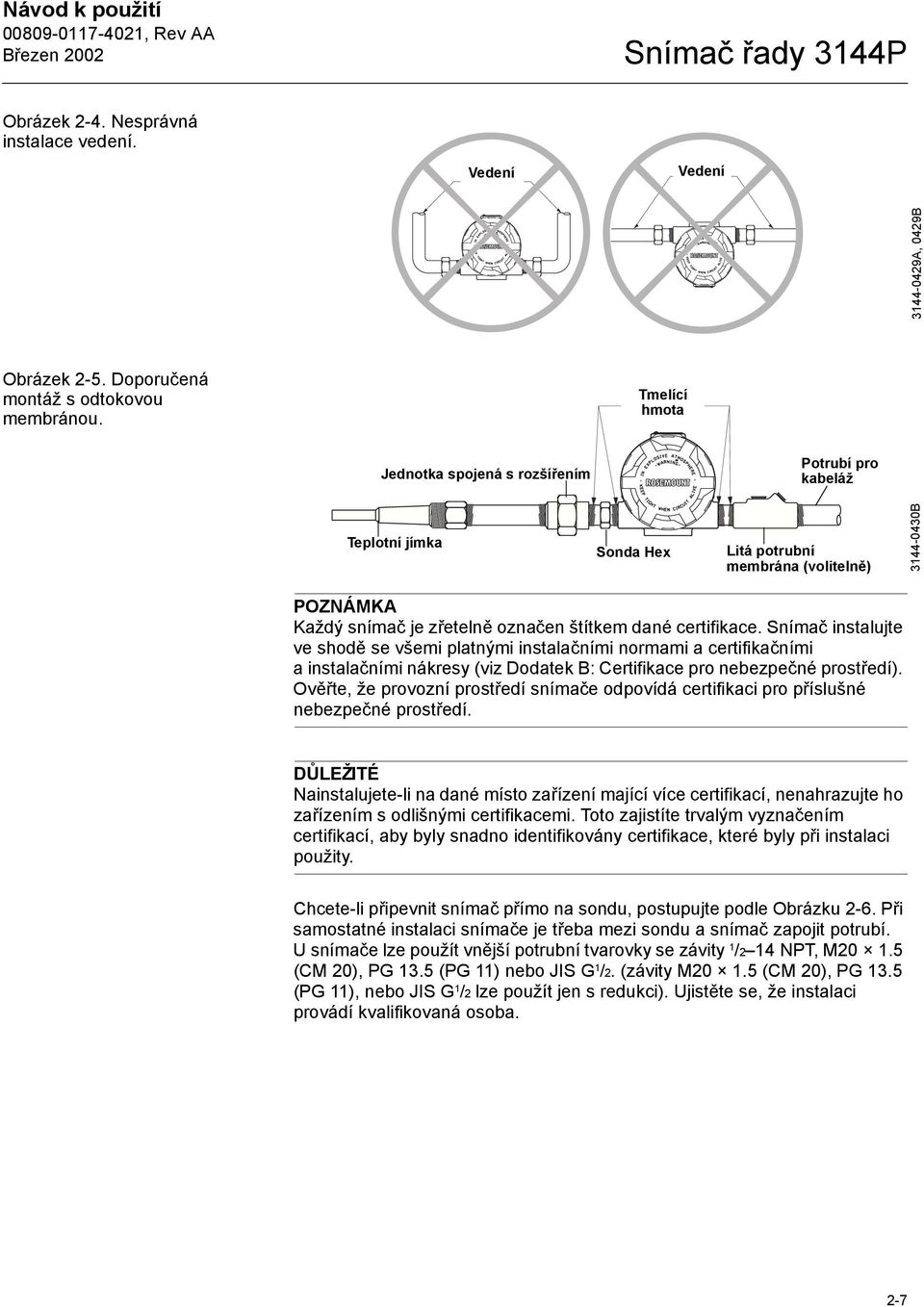 certifikace. Snímač instalujte ve shodě se všemi platnými instalačními normami a certifikačními a instalačními nákresy (viz Dodatek B: Certifikace pro nebezpečné prostředí).