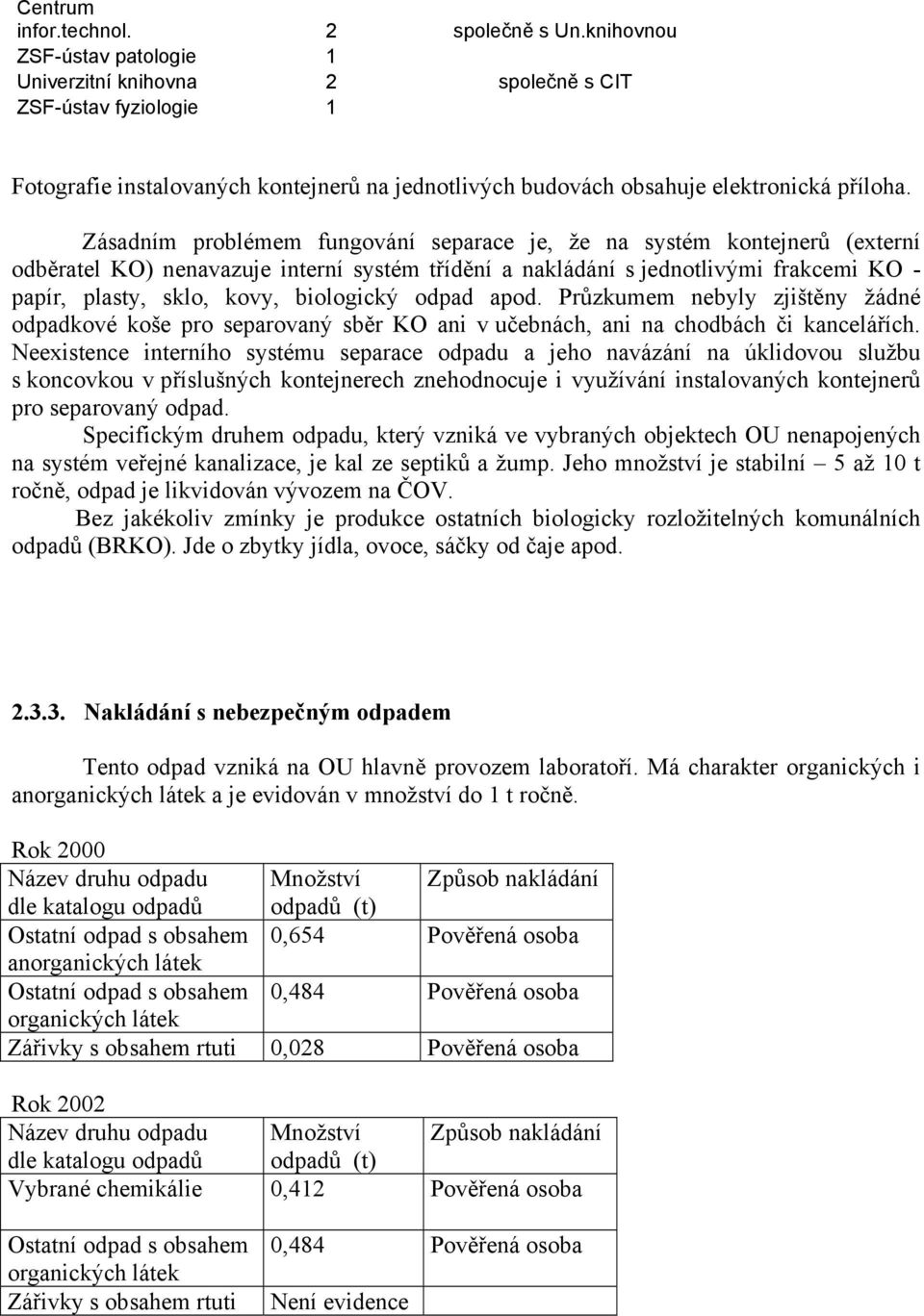 Zásadním problémem fungování separace je, že na systém kontejnerů (externí odběratel KO) nenavazuje interní systém třídění a nakládání s jednotlivými frakcemi KO - papír, plasty, sklo, kovy,