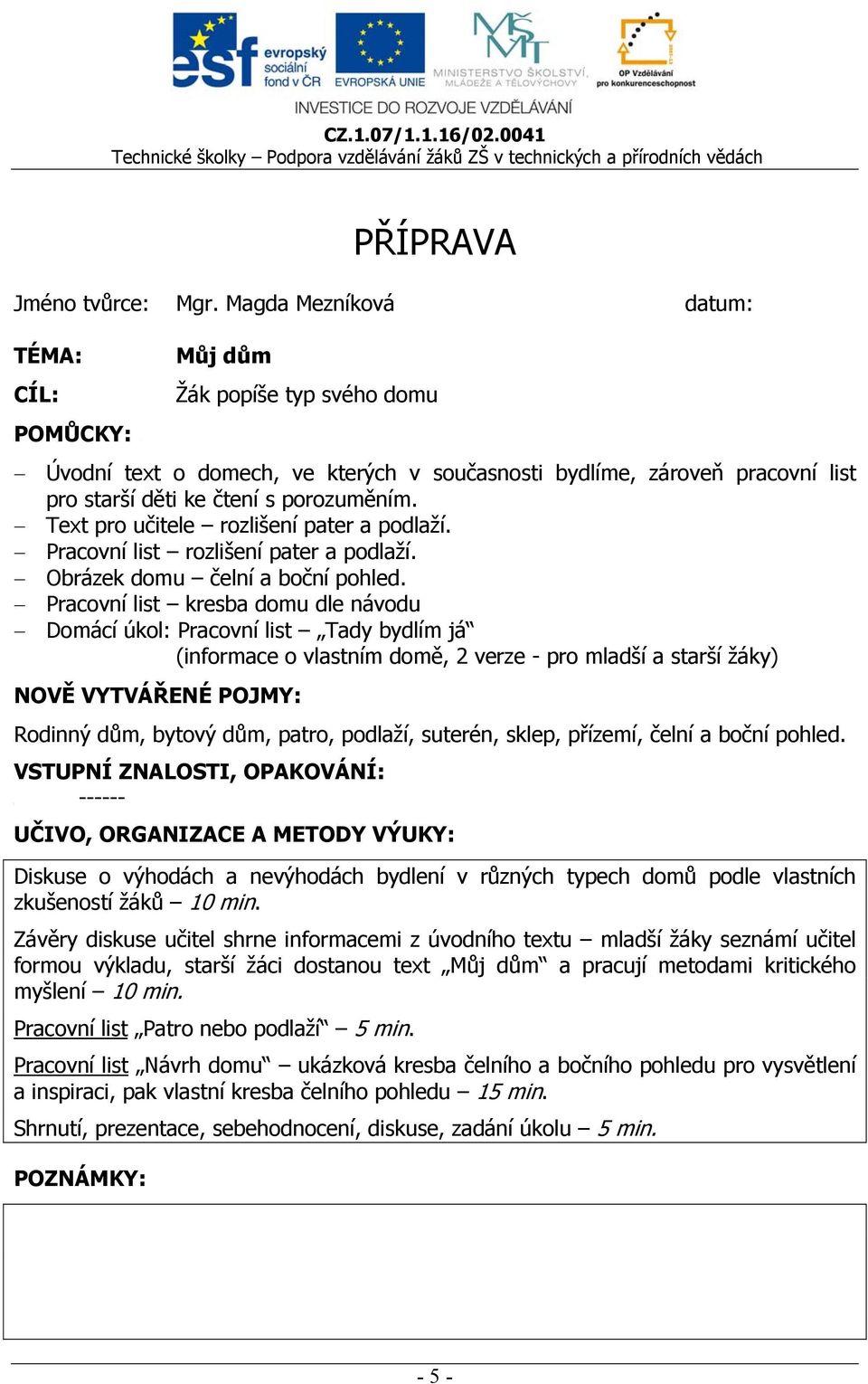 Text pro učitele rozlišení pater a podlaží. Pracovní list rozlišení pater a podlaží. Obrázek domu čelní a boční pohled.