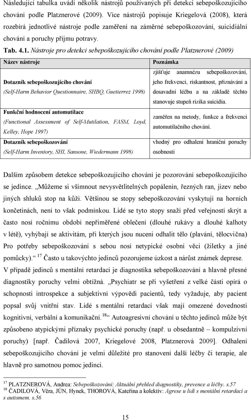 Nástroje pro detekci sebepoškozujícího chování podle Platznerové (2009) Název nástroje Poznámka zjišťuje anamnézu sebepoškozování, Dotazník sebepoškozujícího chování (Self-Harm Behavior