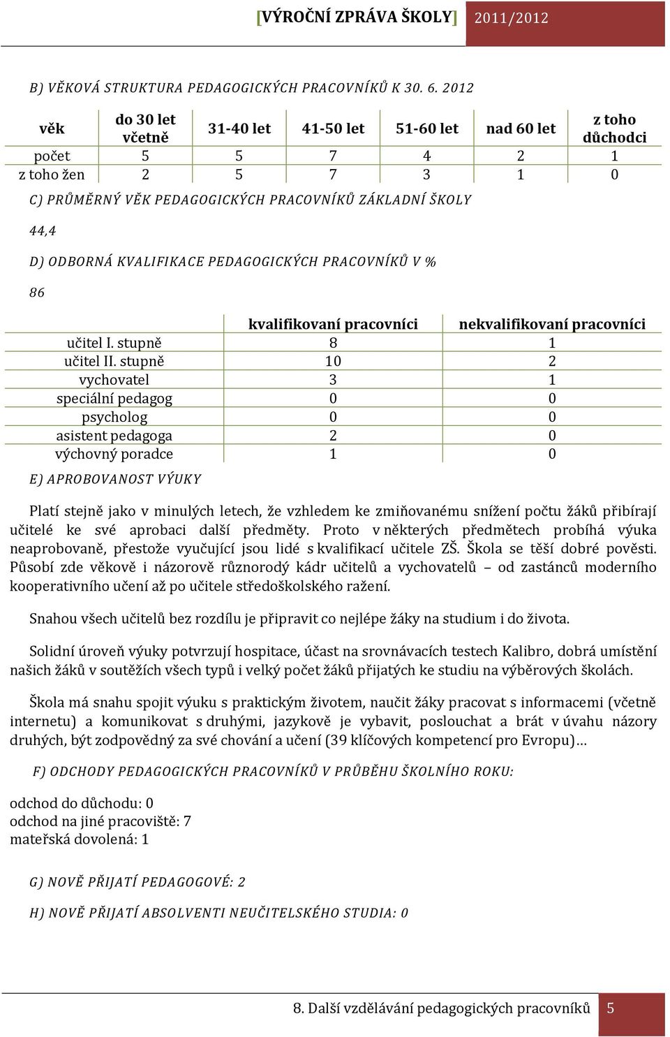 KVALIFIKACE PEDAGOGICKÝCH PRACOVNÍKŮ V % 86 kvalifikovaní pracovníci nekvalifikovaní pracovníci učitel I. stupně 8 1 učitel II.