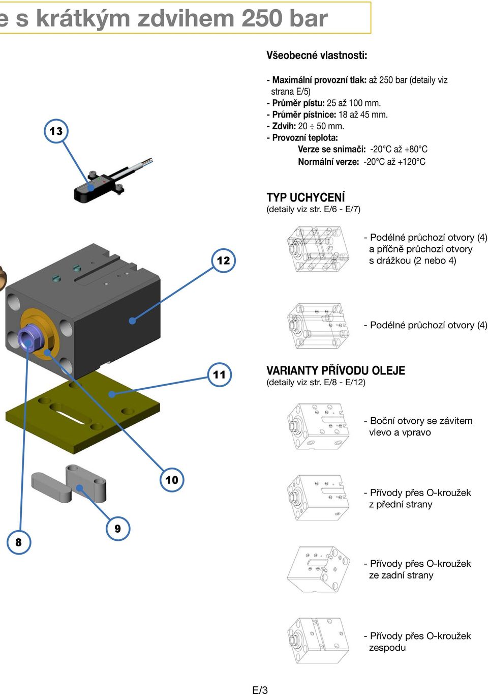E/6 - E/7) 12 - Podélné průchozí otvory (4) a příčně průchozí otvory s drážkou (2 nebo 4) - Podélné průchozí otvory (4) 11 VARIANTY PŘÍVODU OLEJE (detaily viz